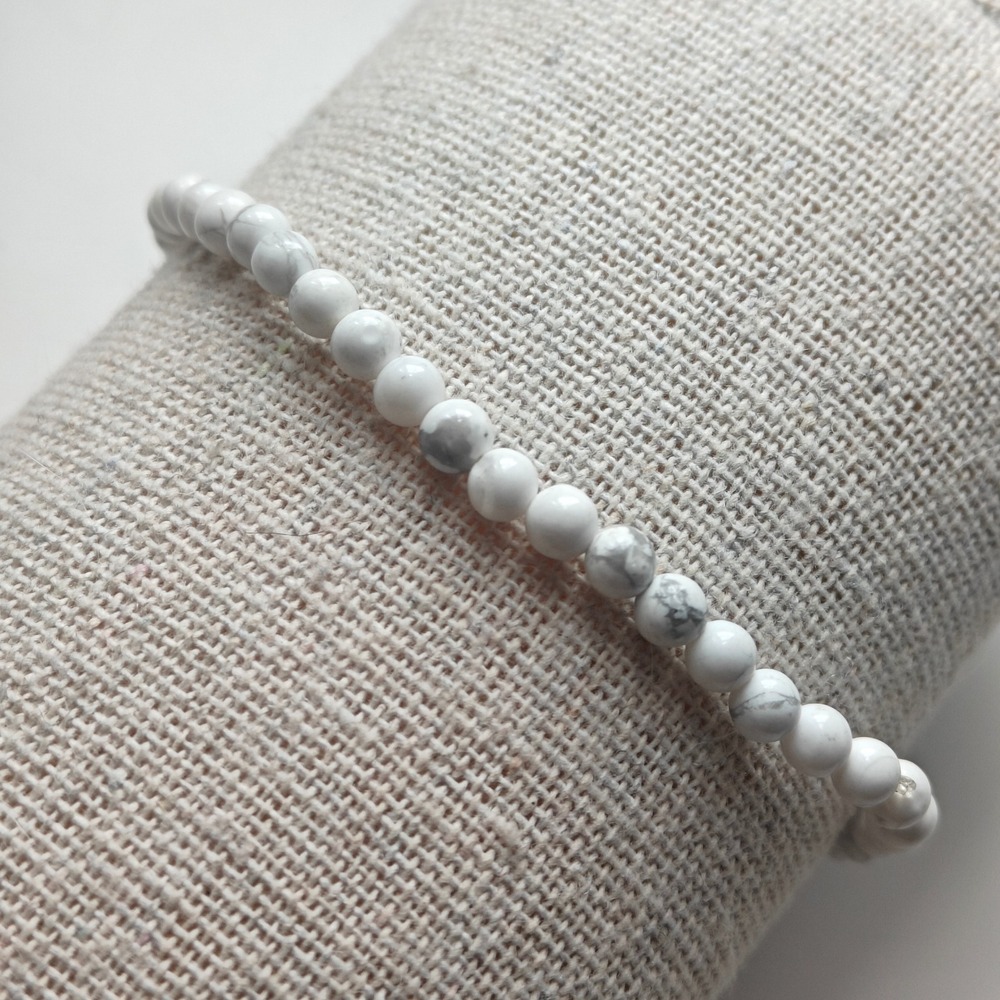 White Howlite or Marble Small Beaded Stretch Bracelet Grey Stone Minimalist 7 In